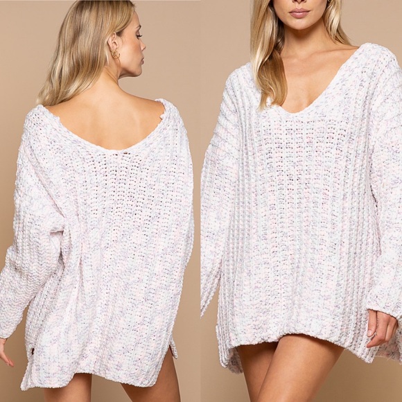 Ribbed Oversized Neutral White Pullover Side Split Knit Sweater - Picture 2 of 2